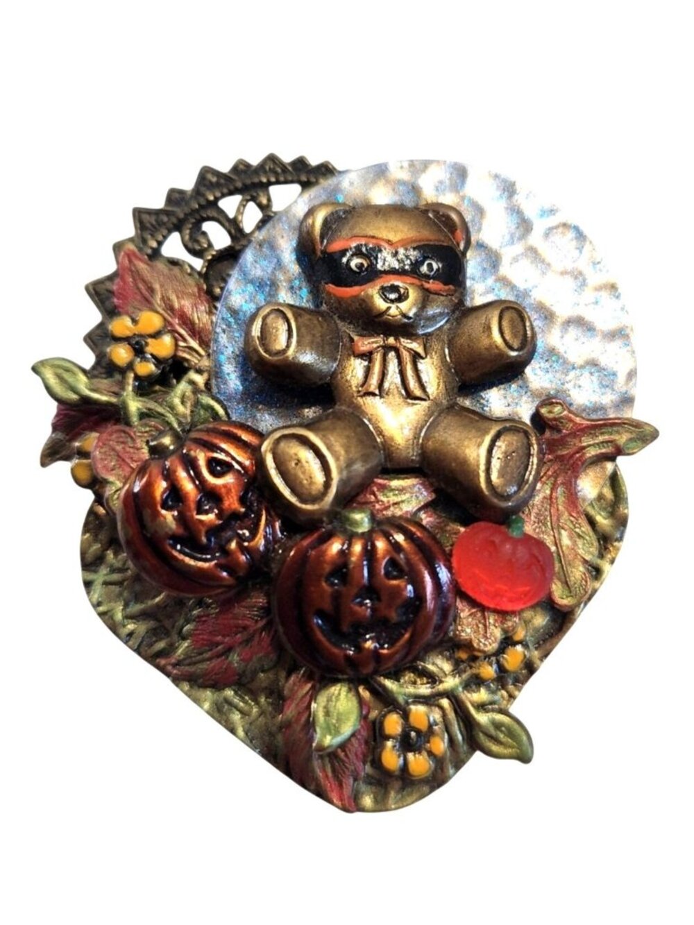 Vintage Halloween Masked Teddy Bear Brooch with Pumpkins – Fall Pin Collectible